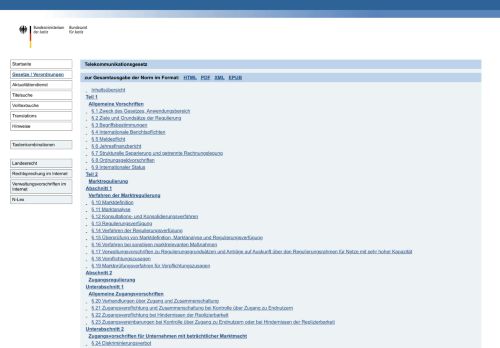 TKG - nichtamtliches Inhaltsverzeichnis